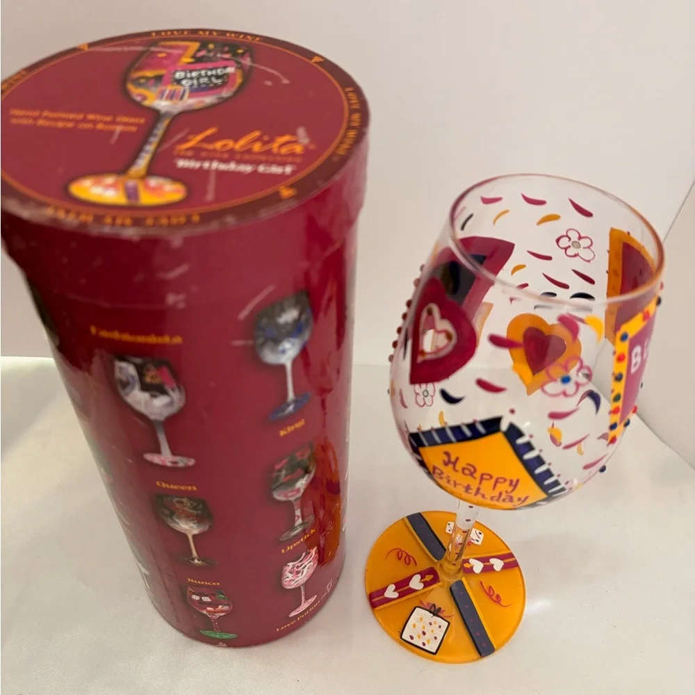Lolita Happy Birthday Hand-Painted Wine Glass - Yellow, Pink, Blue